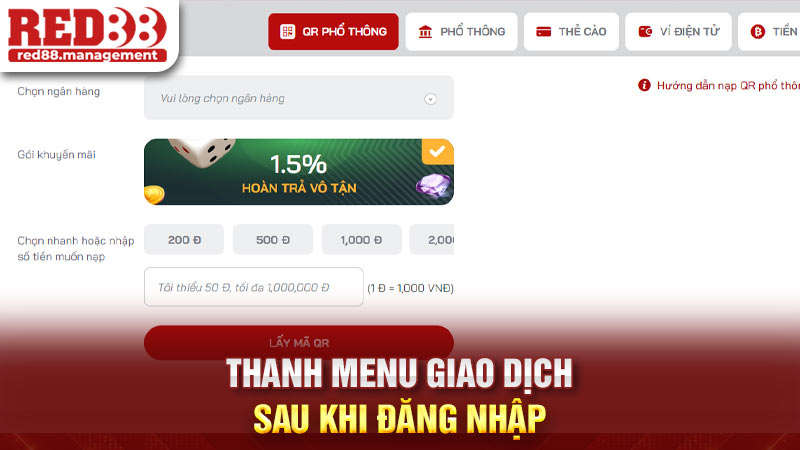 Thanh menu giao dịch sau khi đăng nhập